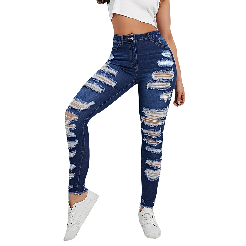 High Waist Patchwork Pockets Hole Hollow Out Fashion Trousers Jeans For Women