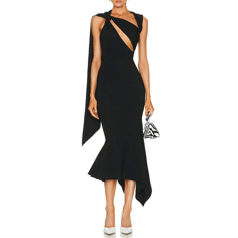 Diagonal Collar Sleeveless High Waist Hollow Out Elegant Sexy Black Dresses For Women