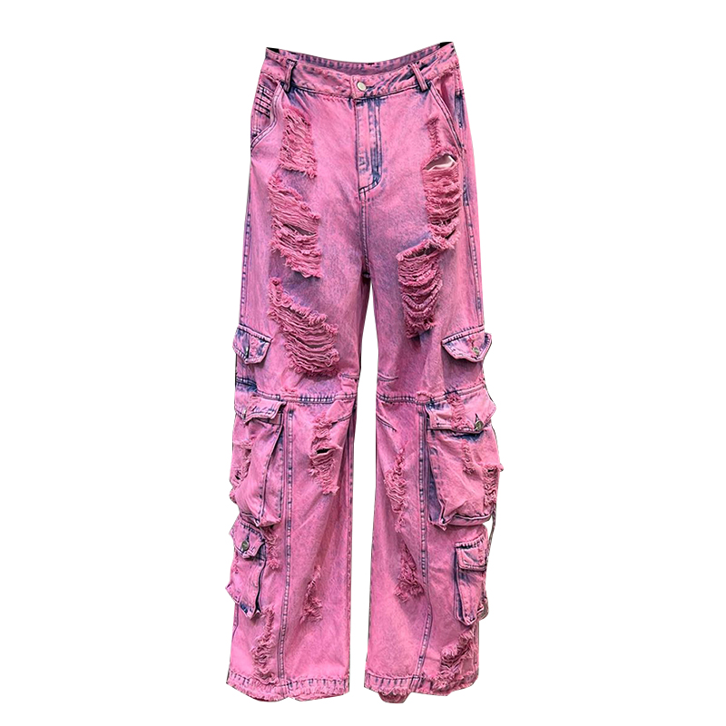 Patchwork Pockets High Waist Spliced Zipper Pant Denim Women Trousers Jeans