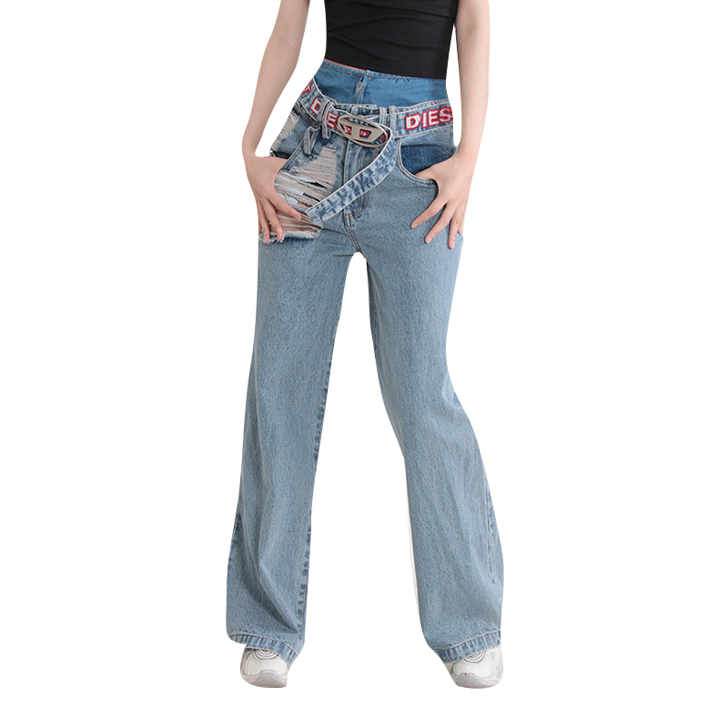 Hole Hollow Out Patchwork Letter Belt High Quality Pants Jeans Denim Women