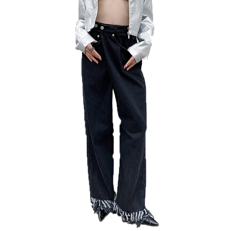 Street High Waist Patchwork Pocket And Tassel Denim Jeans Pants For Women