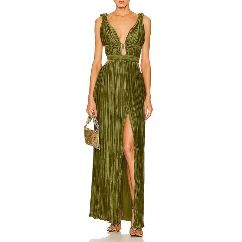 Fashion V Neck Sleeveless High Waist Hollow Out Long Women Pleated Dress