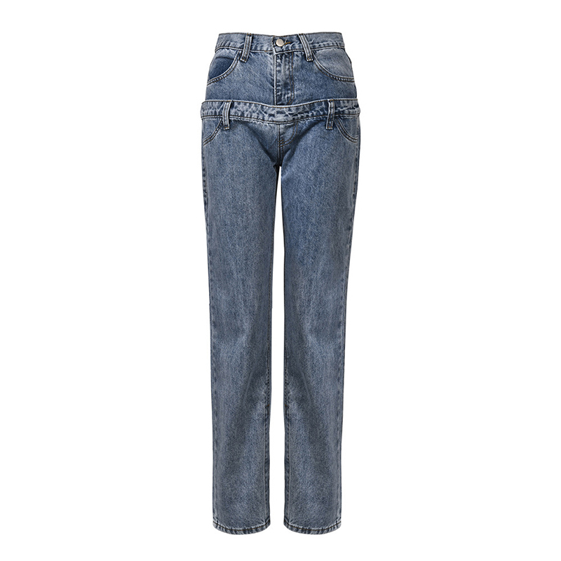 Fashion Jean Patchwork Pockets High Waist Spliced Button Denim Jeans For Women 2024