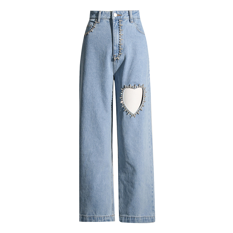 New Jean High Waist Patchwork Pocket Diamonds 2024 Denim Jeans Trousers For Women