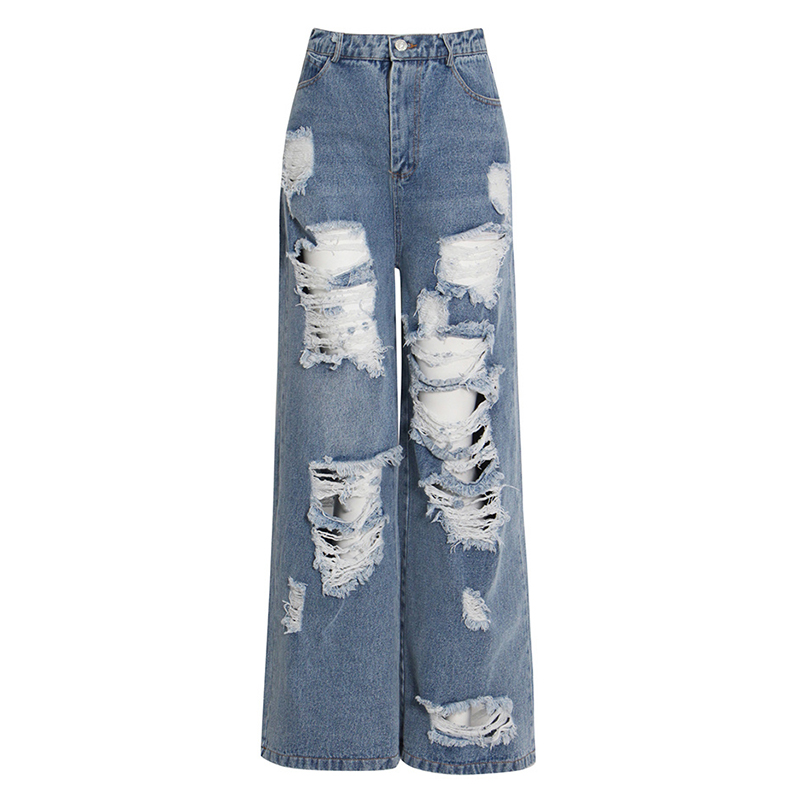 Vintage Loose Blue High Waist Hollow Out Ripped Wide Denim Women’S Jeans