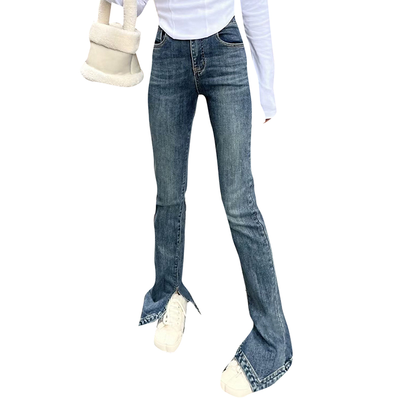 Denim Wide Leg Solid Color High Waist Patchwork Pockets Jeans Pants For Women