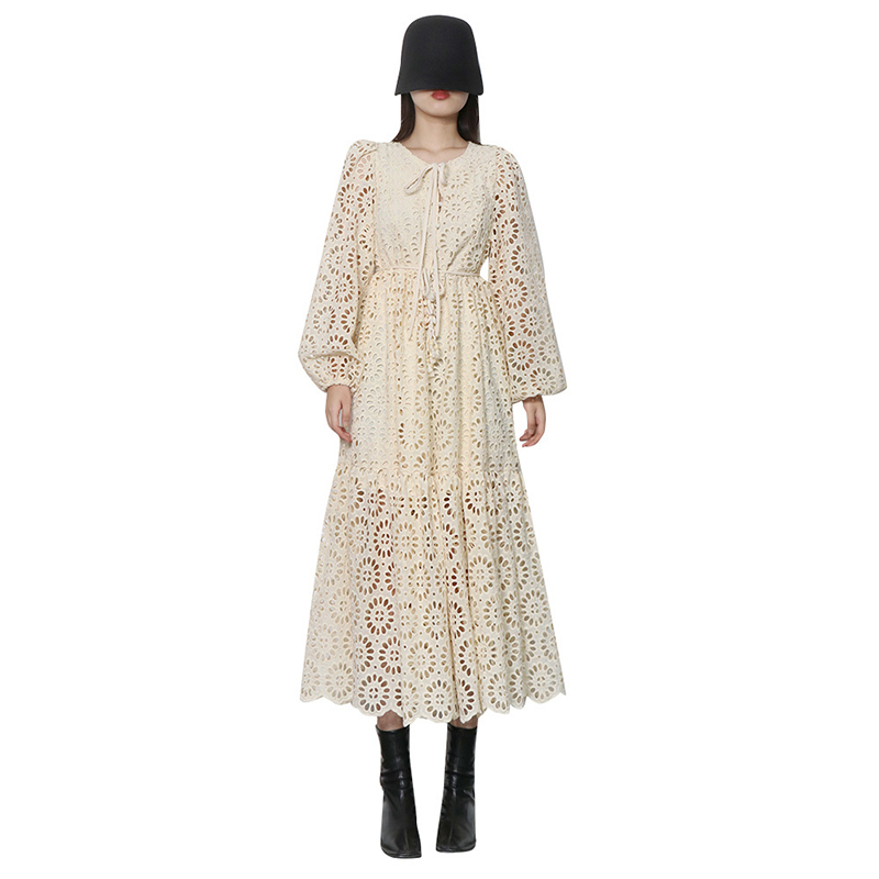 Hollow Out Round Neck Loose Long Sleeve Bowknot Elegant Cotton Long Sleeve Midi Dress