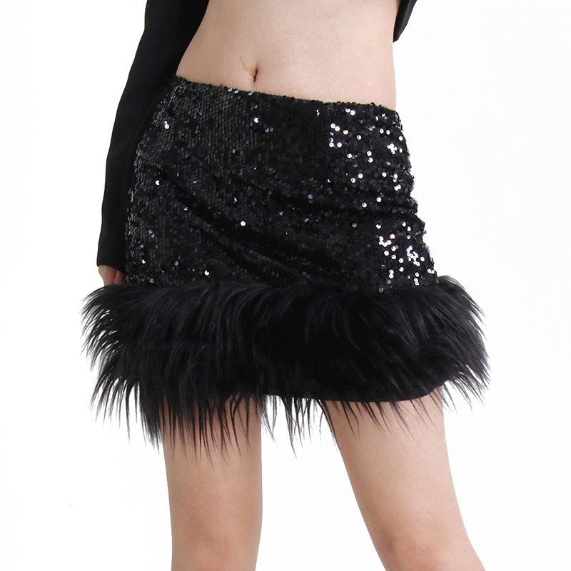 High Waist A Line Solid Minimalist Patchwork Feathers Sexy Sequins Women Mini Skirt