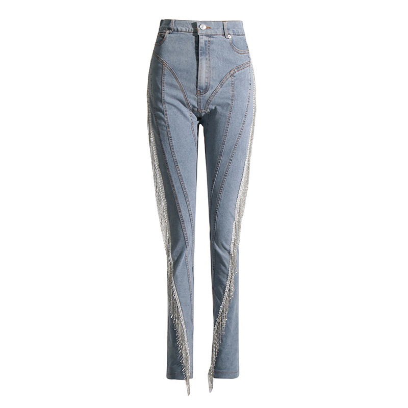 Fashion High Waist Patchwork Diamonds Tassel Skinny Denim Jeans For Women