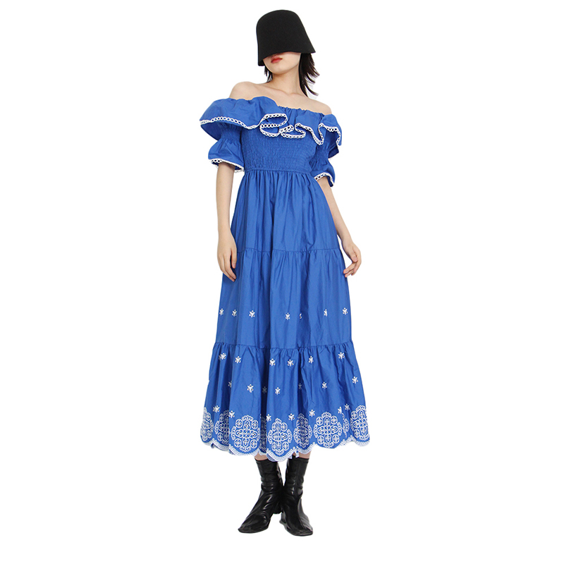 Slash Neck Short Sleeve High Waist Colorblock Summer Women Long Maxi Cotton Dresses Blue Dress