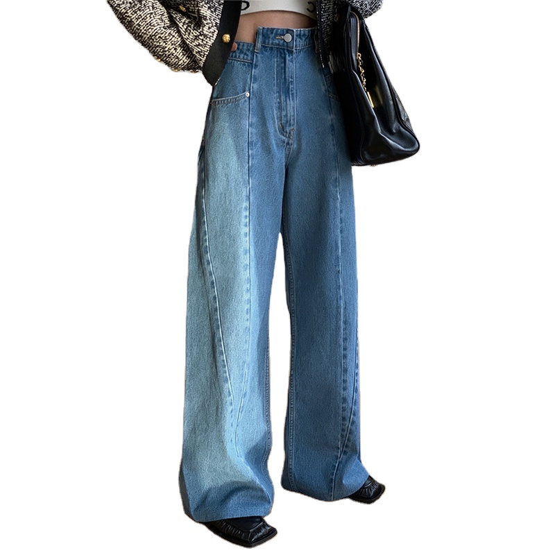 High Waist Blue Denim Pant Irregular Loose Straight Fit Jeans For Women