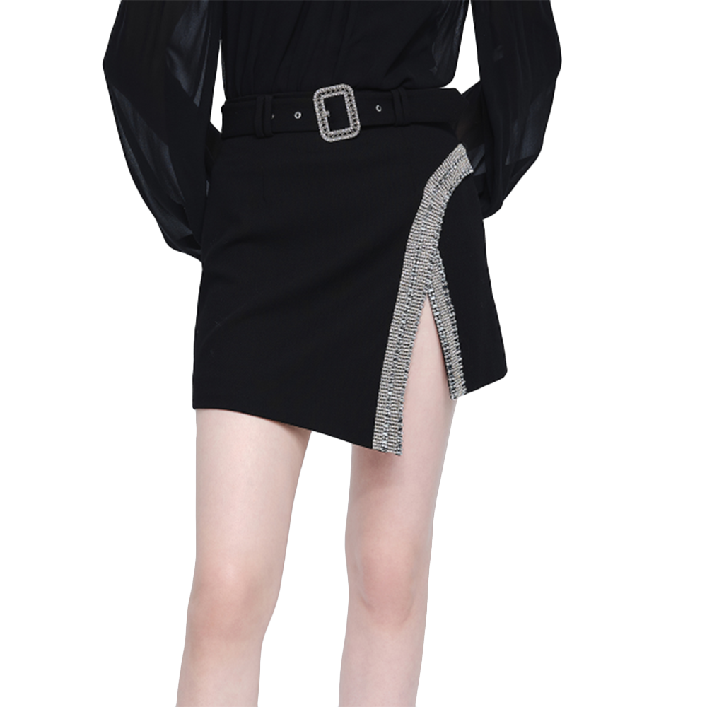 High Waist Diamonds Belt Side Split Solid Casual Mini Women’s Skirt