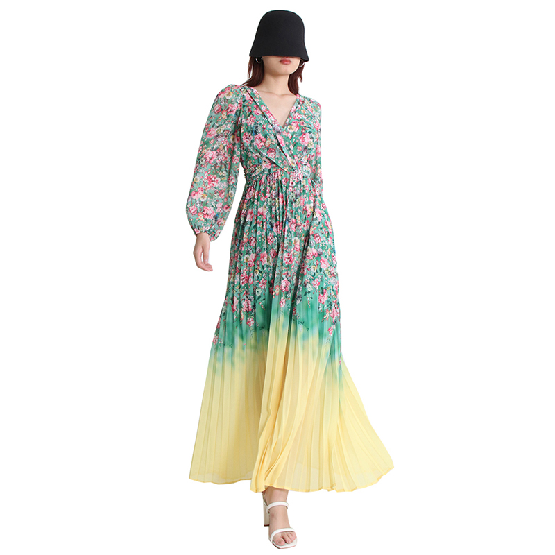V Neck Long Sleeve Colorful Flower Print Long Women Cotton Summer Knitted Dresses High Quality