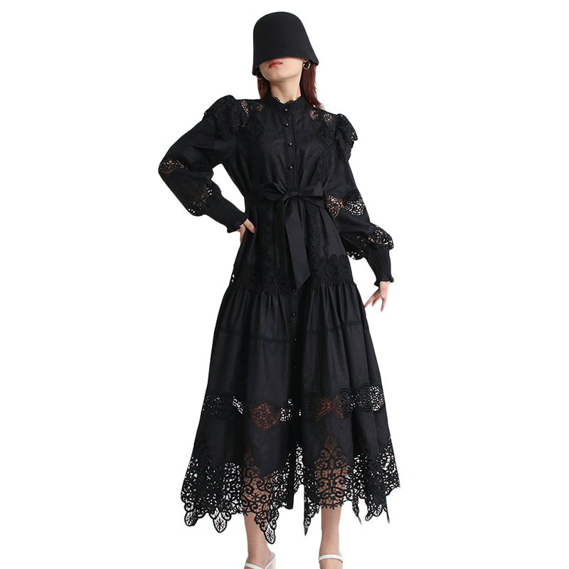 Round Neck Lantern Sleeve High Waist Lace Lady Long Cotton Dress Women’S Dresses 2024 Elegant