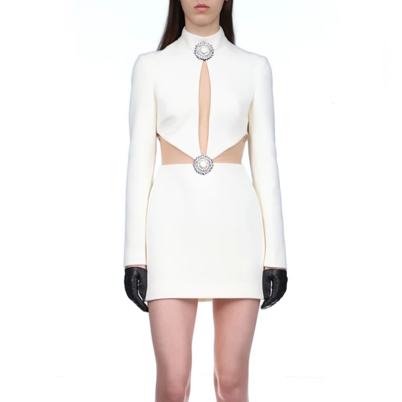 New Hollow Out Patchwork Diamonds Buttons Stand Collar Sexy Dresses Women 2024