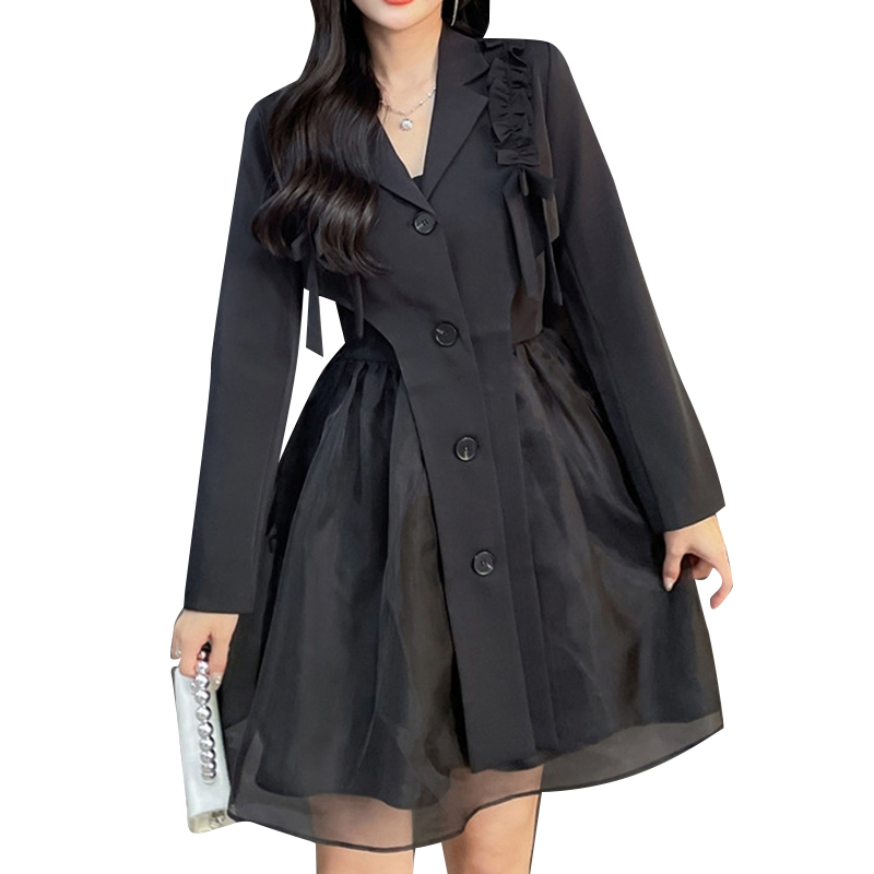 Notched Collar Spliced Mesh Long Sleeve Patchwork Bow Elegant Dresses Black Dress For Women