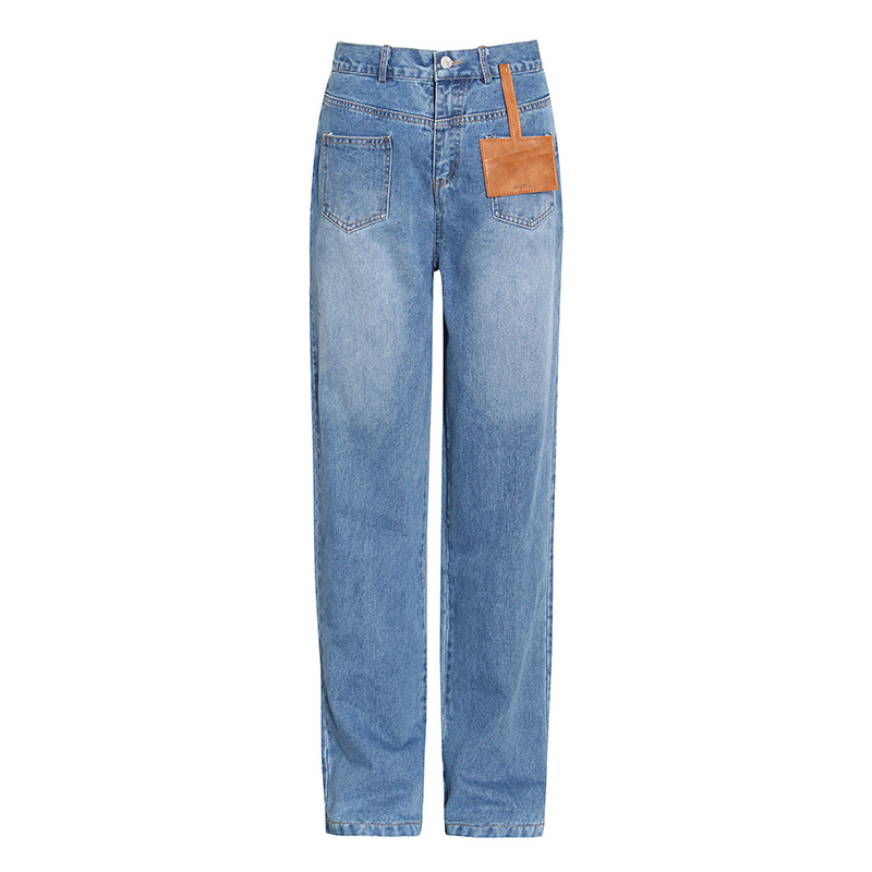 Fashion Patchwork Pocket High Waist Full Length Denim Jeans For Women