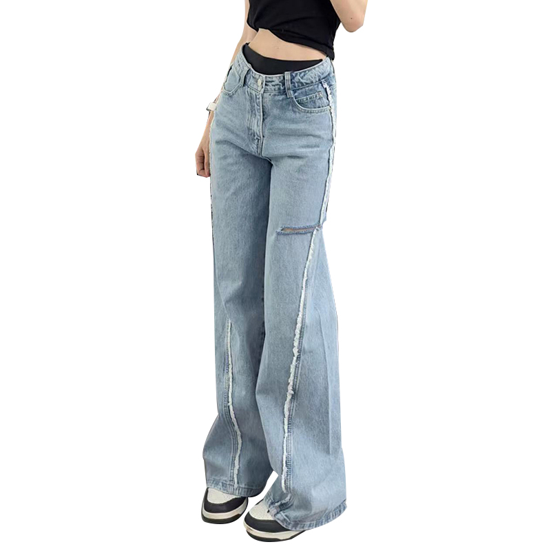 High Waist Patchwork Button Hollow Out Wide Leg Denim Women Pants Trousers Lady Jeans