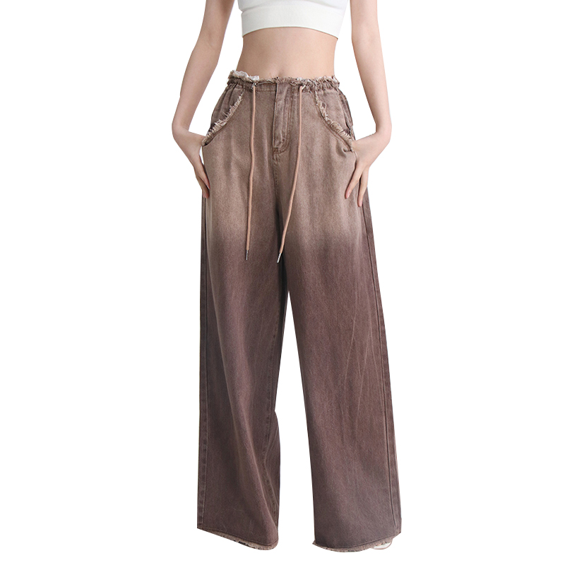 Splice Drawstring Wide Legs Patchwork Pocket Coffee Gradient Ladies Woman Denim Jeans Pants