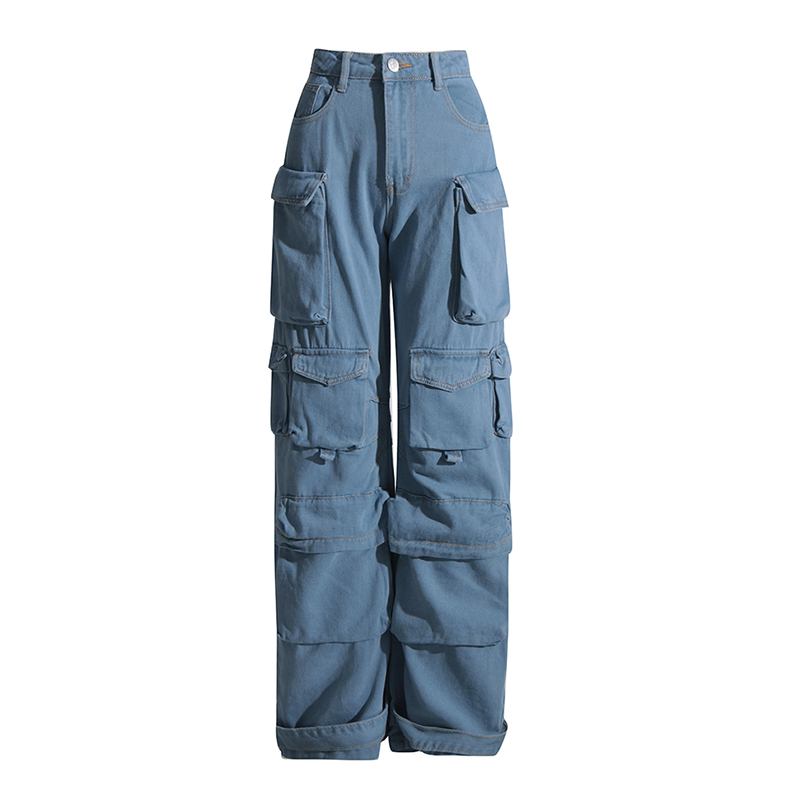 Fashion Style High Waist Patchwork Pockets Denim Blue Jeans For Women