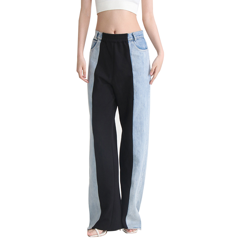 Casual High Waist Wide Leg Pants Patchwork Pocket Hit Color Denim Pants For Women