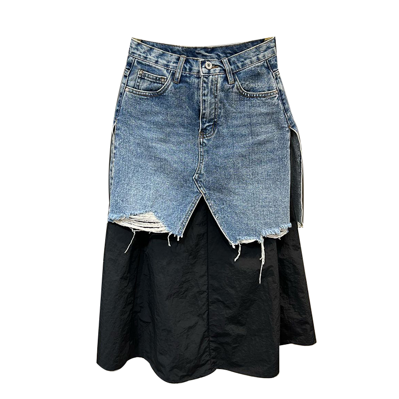 New Style High Waist Spliced Pockets Hit Color A Line Denim Skirt For Women