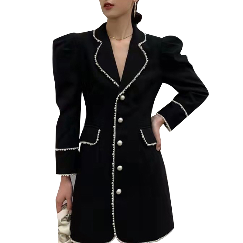 Pearl Trim Spliced Pockets Notched Collar Single Breasted Mini Dresses Women