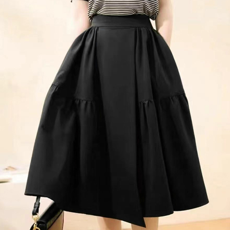 High Waist Patchwork Folds A Line Fabric Black Cotton Pleated Woman Skirts