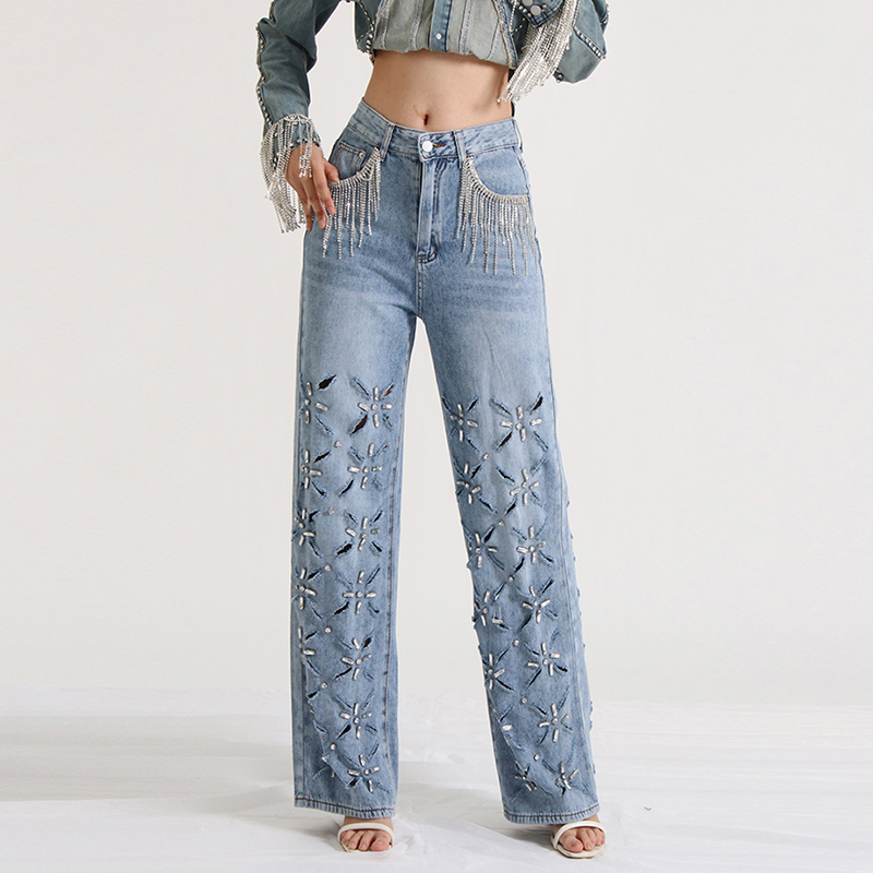 2024 High Waist Wide Leg Patchwork Tassel Hollow Out Denim Jeans For Women