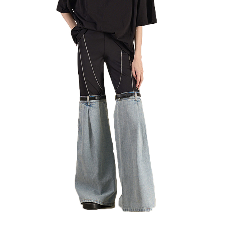 Casual High Waist Spliced Belts Hit Color Slimming Flare Pants Denim Jeans For Women