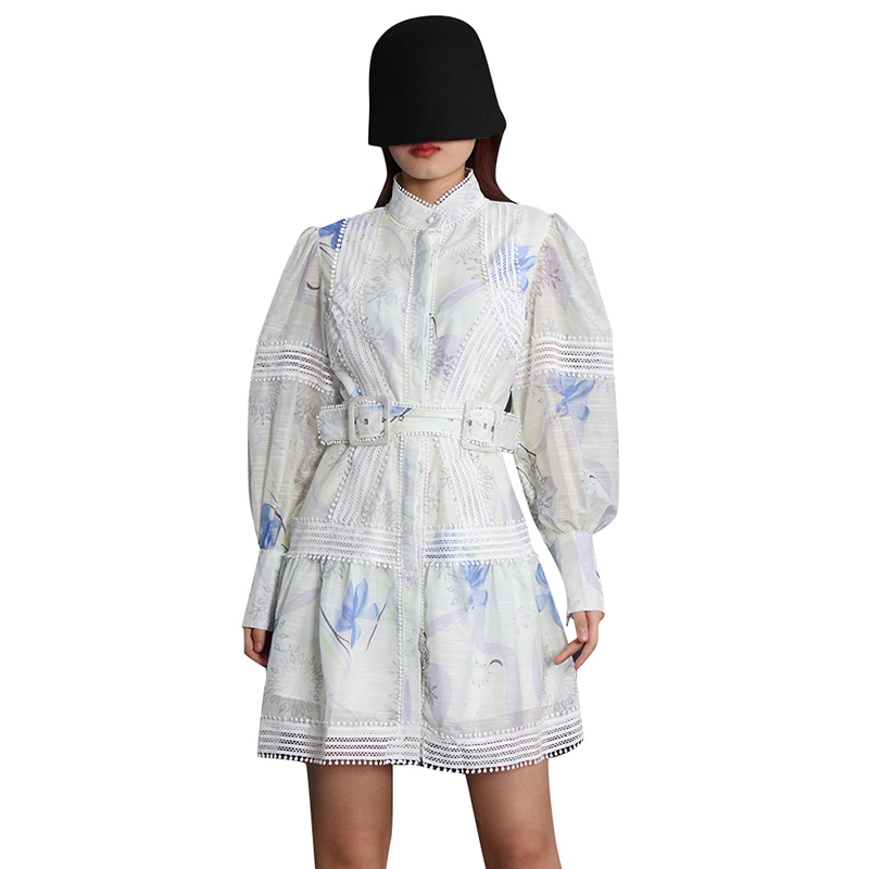 Fashion Stand Collar Lantern Sleeve High Waist Colorblock Women Dresses 2024