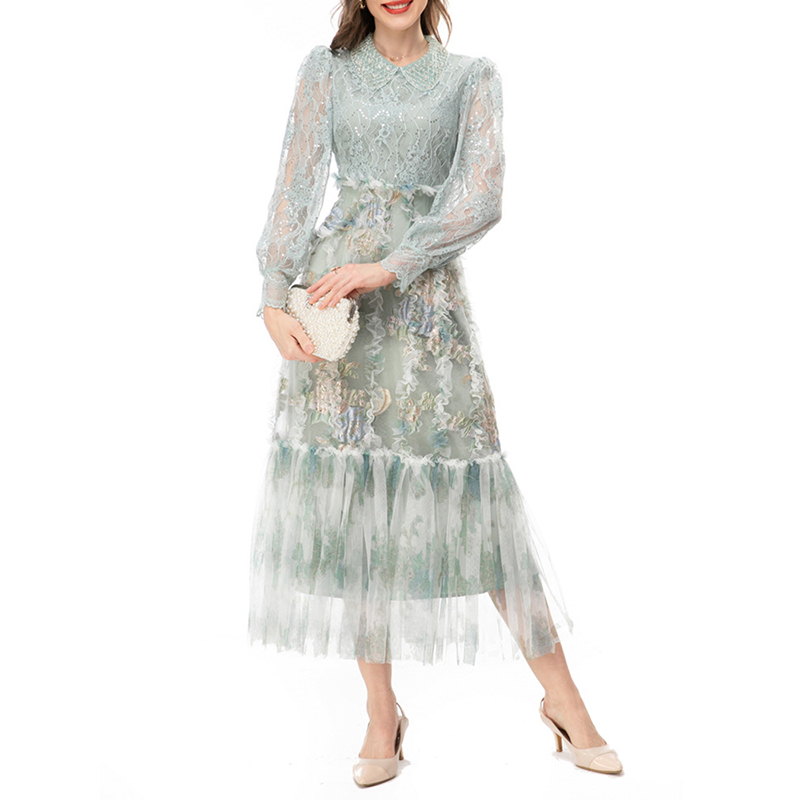 Elegant Green Lapel Long Sleeve High Waist Lady Dresses Long Dress Women