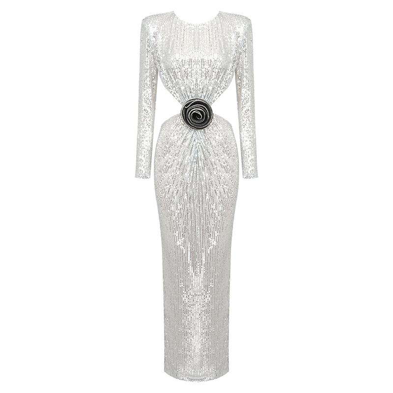 Fashion Patchwork Appliques Hollow Out Women Long Sleeve Maxi Ladies Long Dresses