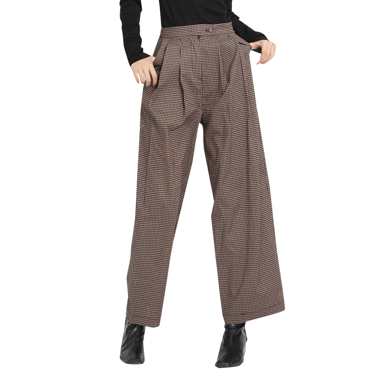 New Style Patchwork Folds Straight High Waist Plaid Women’S Pants Trousers
