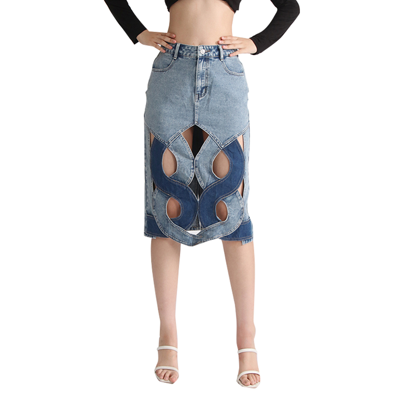 Casual Hit Color High Waist Patchwork Button A Line Ladies Denim Skirt For Women