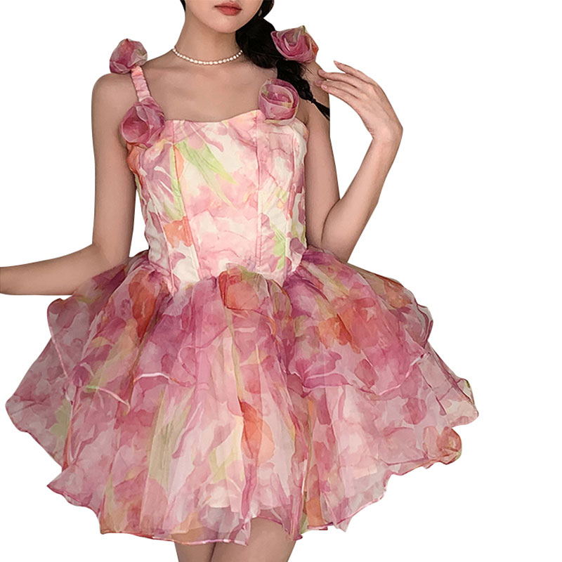 Print Ball Gown Square Collar Sleeveless Fashionable Dresses Women Elegant Mini Dress
