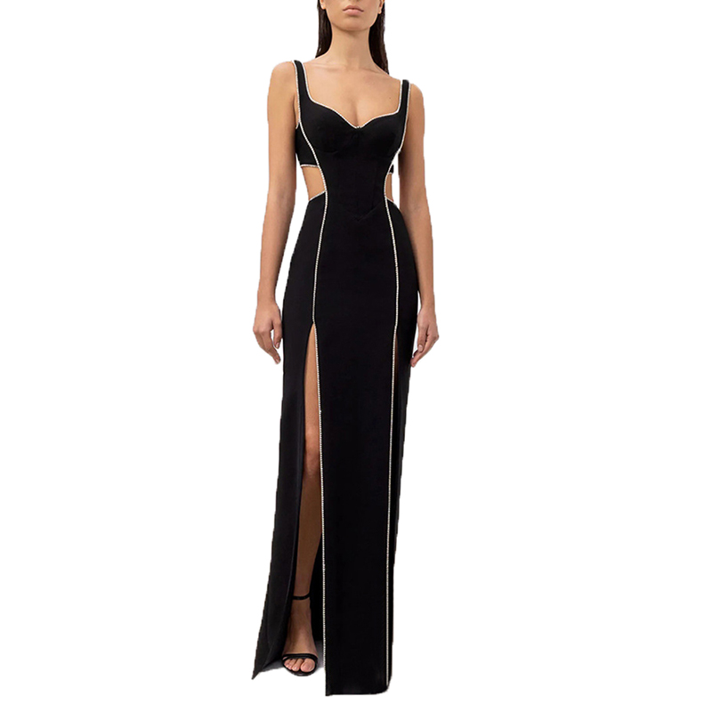 Hollow Out Square Collar Patchwork Diamonds Exposed Waist Long Women Dresses