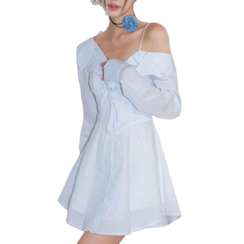 Summer Striped Off Shoulder Spliced Floral Asymmetric Collar Mini Women’S Dresses