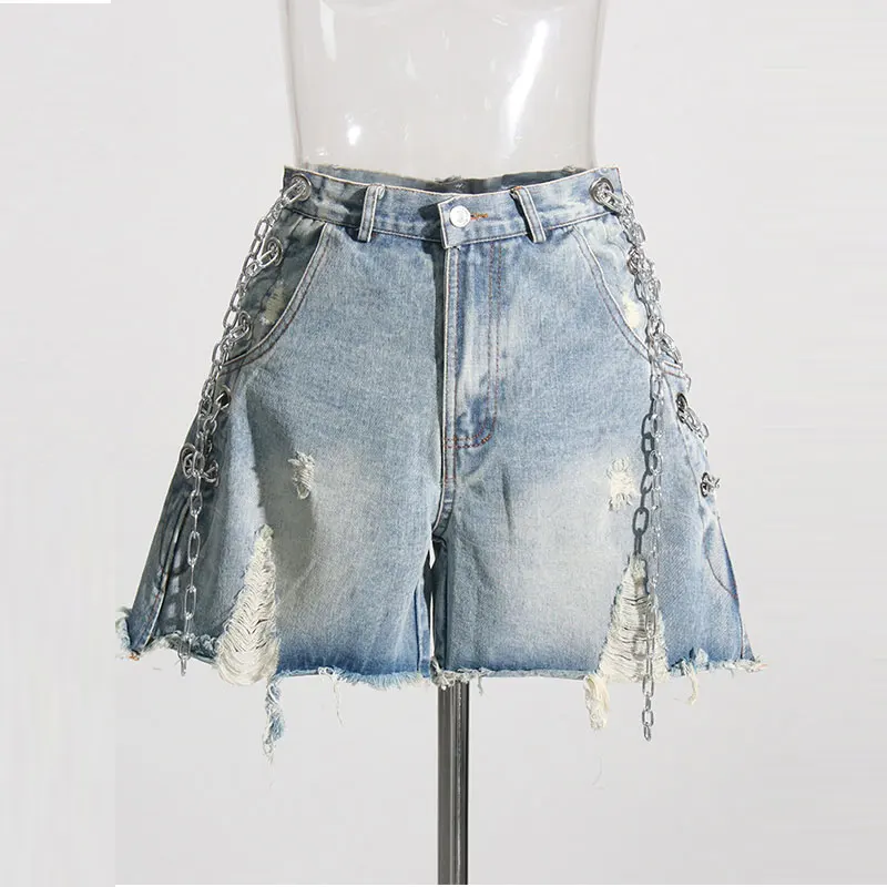 2024 High Quality Side Cross Chain High Waist Women Spring 2024 Denim Shorts