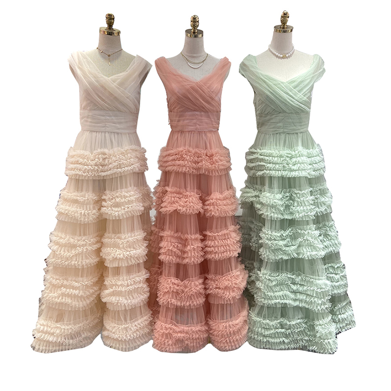 V Neck Sleeveless High Waist A Line Folds Patchwork Mesh Elegant Dresses Formal Dress For Women
