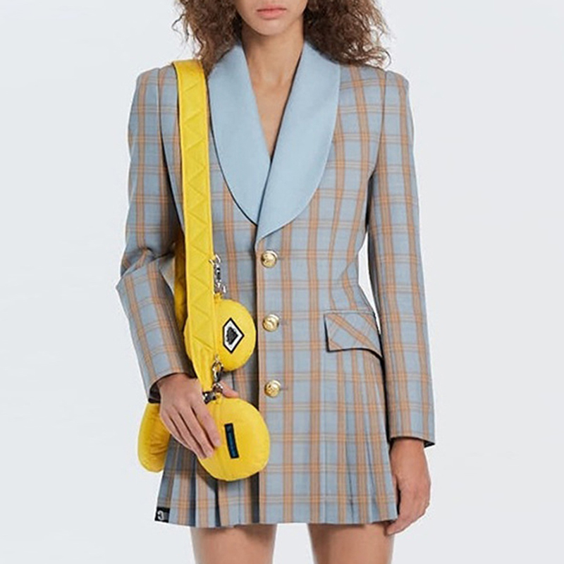 Notched Collar Long Sleeve High Waist Hit Color Plaid Women Dresses Blazer Dress