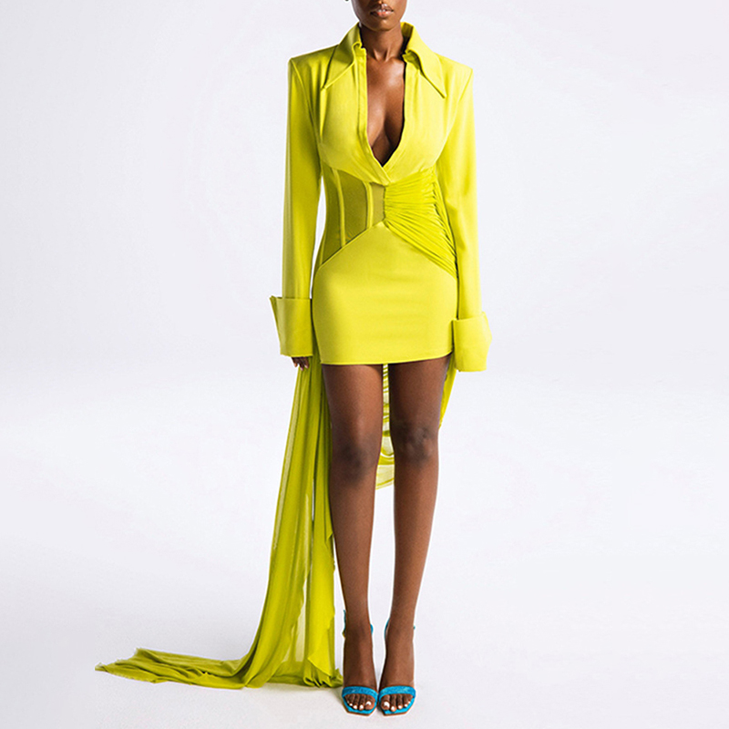 Spliced Sheer Mesh Asymmetrical Hem Notched Collar Solid Color Dress For Women