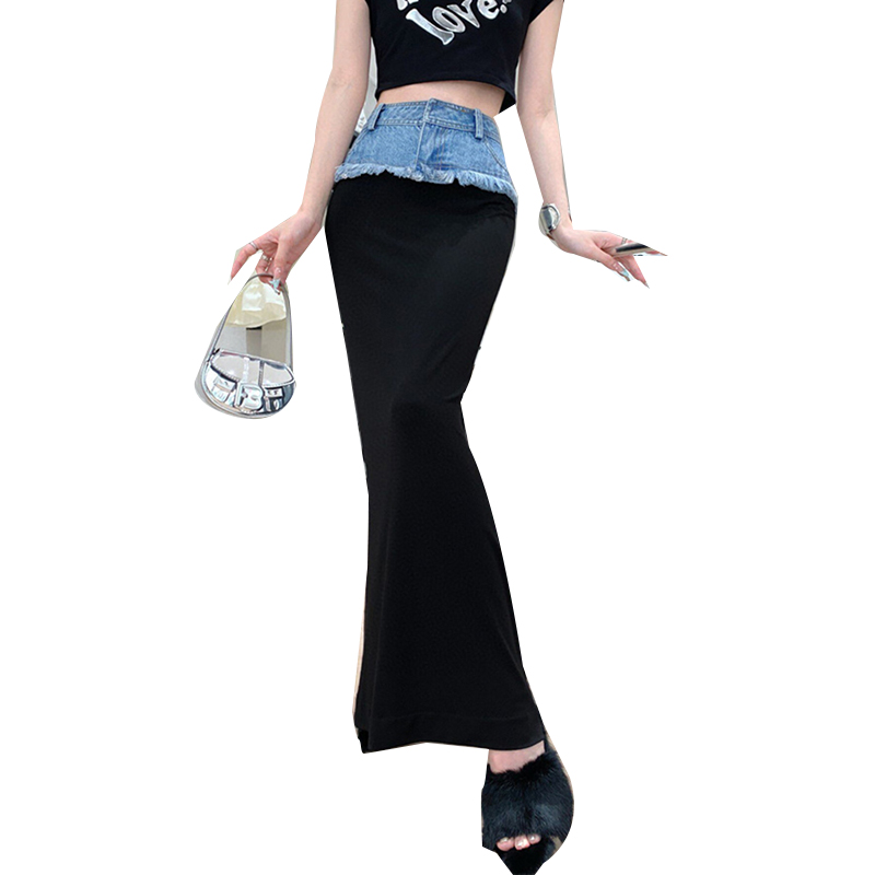 High Waist Colorblock Slim A Line Midi Patchwork Denim Elegant Skirts For Women 2024