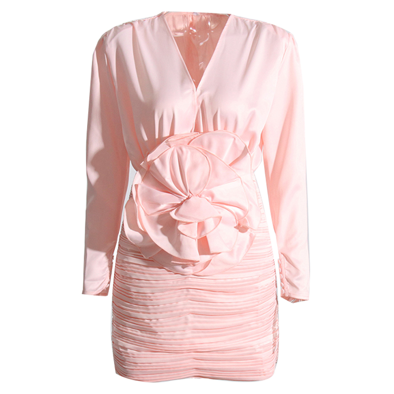 New Deep V Neck Long Sleeve High Waist Patchwork Appliques Mini Pink Summer Dresses
