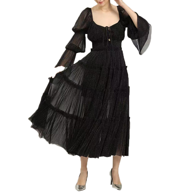 Fashion Square Collar Long Sleeve High Waist Folds One Piece Elegant Women Dresses