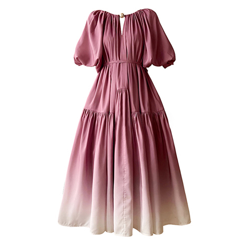 Elegant Puff Sleeve High Waist Gather Waist Patchwork Folds Dresses Woman Dress