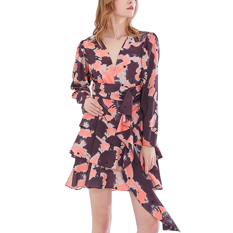 Fashion Printed Belted Gather Waist Layered Ruffle Hem V Neck Dress For Women
