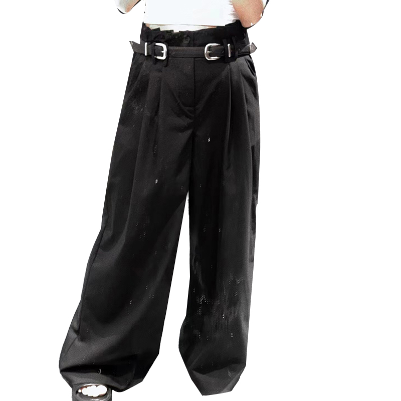 Temperament Solid Color Patchwork Belt Loose Folds High Waist Women’S Pants