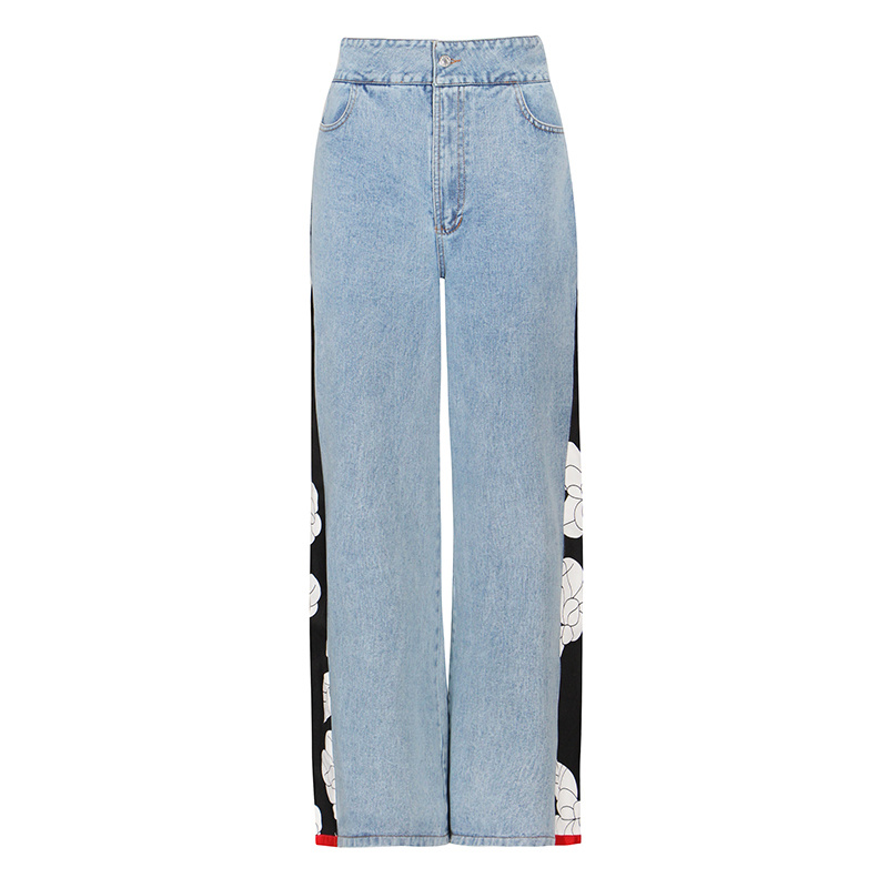 Side Stitching Printing Flower Design Blue Lady Jeans For Women Pants Trousers