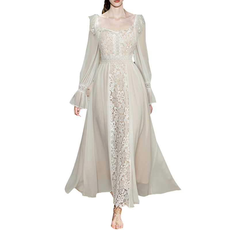 Square Collar Puff Sleeve High Waist Fashionable Elegant Dress Woman Dresses
